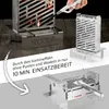A collage of images showing a portable grill and its features, with text overlays highlighting its benefits. Produktbild-Vorschau