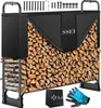 A firewood rack filled with logs, along with a cover and gloves, presented on a white background.