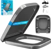 A collage of images showing a toilet seat, its packaging, and mounting hardware. Produktbild-Vorschau