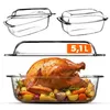 A collage of images showing a glass baking dish with a roasted turkey and vegetables, and two empty glass baking dishes with lids. Voir les images du produit