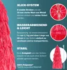 A close-up of a red fringed umbrella with text describing its features. Produktbild-Vorschau
