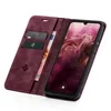 A burgundy flip case for a smartphone is shown open, displaying the phone screen and card slots. Produktbild-Vorschau
