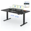 A black standing desk with two monitors, a tablet, keyboard, mouse, and a box of tissues on top. Blue line drawings show the desk's lifting mechanism. Anteprima dell’immagine prodotto
