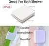A collage of images showing shower curtain clips, their dimensions, and their use. Produktbild-Vorschau