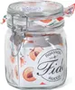 A clear studio shot of a glass jar with a wire bail closure, featuring a label with apricot illustrations and branding. Produktbild-Vorschau