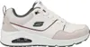 A side view of a white Skechers sneaker with green and burgundy accents. Voir les images du produit
