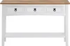 A white console table with a wooden top and three drawers, set against a white background. Produktbild-Vorschau
