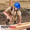 A construction worker wearing a blue hard hat and safety glasses is using a yellow and black power drill to screw into a wooden plank. Náhled obrázku produktu