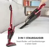 A red and black 2-in-1 vacuum cleaner is shown in two configurations: upright and handheld, on a light-colored surface, possibly a bed or sofa. Produktbild-Vorschau