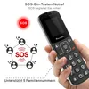 A hand holding a senior-friendly mobile phone, with diagrams illustrating its SOS features. Produktbild-Vorschau