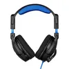 A pair of black gaming headphones with blue accents and a blue headband cushion, shown from a front-facing perspective against a white background. Produktbild-Vorschau