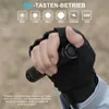 A hand wearing a black fingerless glove holds a black flashlight, with icons and text indicating different modes of operation. Produktbild-Vorschau