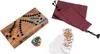 A wooden Tock game board with colorful playing pieces, a deck of cards, and a red drawstring bag are arranged on a white background. Produktbild-Vorschau