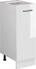 A white, high-gloss kitchen cabinet with a gray handle, shown from a three-quarter angle. Produktbild-Vorschau
