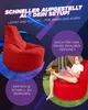 A red beanbag chair is shown in two different settings: indoors on a blue rug and outdoors with a child sitting on it. Produktbild-Vorschau
