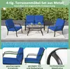 A patio furniture set with blue cushions and black metal frames, placed on a patio next to a swimming pool. The image includes close-up shots highlighting specific features. Podgląd zdjęcia produktu