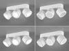 A collage of four images showing a white ceiling light fixture with multiple adjustable spotlights. Produktbild-Vorschau