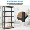 A black metal shelving unit with wooden shelves, shown in a room setting with a person blurred in the background. Produktbild-Vorschau