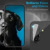 A close-up of a smartphone camera lens protector with a dog's face on the phone screen. Produktbild-Vorschau