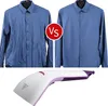A split image showing a wrinkled blue shirt next to a smooth blue shirt, with a handheld garment steamer below. Produktbild-Vorschau