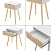 A collage of four images showing a white and wood bedside table from different angles, including one with the drawer open. Náhled obrázku produktu
