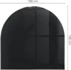 A black, arched glass floor plate for a fireplace, with dimensions indicated. Produktbild-Vorschau