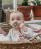 A baby is sitting in a basket with a pacifier in its mouth. Produktbild-Vorschau