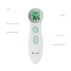 A white digital thermometer with a green display and buttons, shown against a white background with labels pointing to its different parts. Produktbild-Vorschau