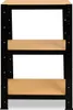 A black metal shelving unit with three wooden shelves against a white background. Podgląd zdjęcia produktu