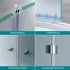 A collage of four images showcasing different features of a shower enclosure, including magnetic seals, bottom seals, handles, and hinges. Produktbild-Vorschau