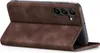 A brown flip cover case for a smartphone is shown from the back, with the phone partially visible inside. Produktbild-Vorschau