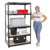 A woman stands next to a black metal shelving unit filled with various storage containers. Produktbild-Vorschau