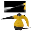 A yellow and black handheld steam cleaner is shown against a white background. A smaller inset image shows the steam cleaner in action, emitting a stream of steam against a black background. Náhled obrázku produktu