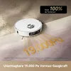 A white robot vacuum cleaner is shown on a carpeted floor, with golden particles being sucked up and the number '19.000Pa' displayed prominently. Produktbild-Vorschau