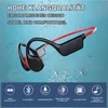 A pair of black and red bone conduction headphones are shown against a light blue, watery background with small bubbles. Below the headphones, there is a row of icons with German text describing features. Produktbild-Vorschau