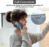 A woman is holding a blue phone case to her ear, as if on a call, with a close-up inset showing the speaker holes. Náhled obrázku produktu