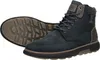 A pair of dark blue leather boots shown from a diagonal angle, with one boot in the foreground and the other slightly behind and to the left, showing its sole. Voir les images du produit