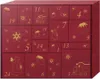 A 3D rendering of a red advent calendar with gold Christmas-themed illustrations and numbers. Produktbild-Vorschau