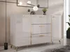 A modern, high-gloss white sideboard with gold accents, set in a well-lit room with a textured wall and marble-effect flooring. Voir les images du produit