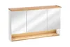 A white and wood-colored bathroom cabinet with mirrored doors and a shelf below, shown against a white background. Podgląd zdjęcia produktu