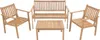 A wooden garden furniture set consisting of a bench, two armchairs, and a coffee table, arranged on a white background. Voir les images du produit
