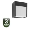 A black LED outdoor wall light with a white diffuser, shown next to a warranty badge. Podgląd zdjęcia produktu