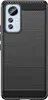 A black phone case with a carbon fiber texture on the top and bottom edges, and a brushed metal texture on the main body. The camera module is visible on the top left. Produktbild-Vorschau