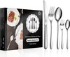 A product box for a flatware set, with images of food and cutlery, and the cutlery set itself displayed next to the box. Produktbild-Vorschau