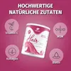 A product shot of a hair vitamin supplement container, surrounded by icons and text highlighting key ingredients and benefits. Produktbild-Vorschau