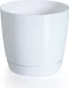 A white plastic plant pot with a matching saucer, shown against a white background. Produktbild-Vorschau