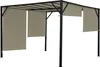 A black metal pergola with taupe fabric shades, shown from a front-side angle against a white background. Produktbild-Vorschau