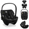 A collage of images showing a black baby car seat from different angles, including a close-up of the handle and interior, a view of the car seat with accessories, and a separate image of the car seat with its canopy. Produktbild-Vorschau