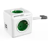 A white cube-shaped power strip with multiple outlets and USB ports, shown on a white background with a cable clip and cable. Produktbild-Vorschau