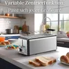 A modern kitchen counter with a stainless steel toaster, bread slices, and colorful candies. Podgląd zdjęcia produktu